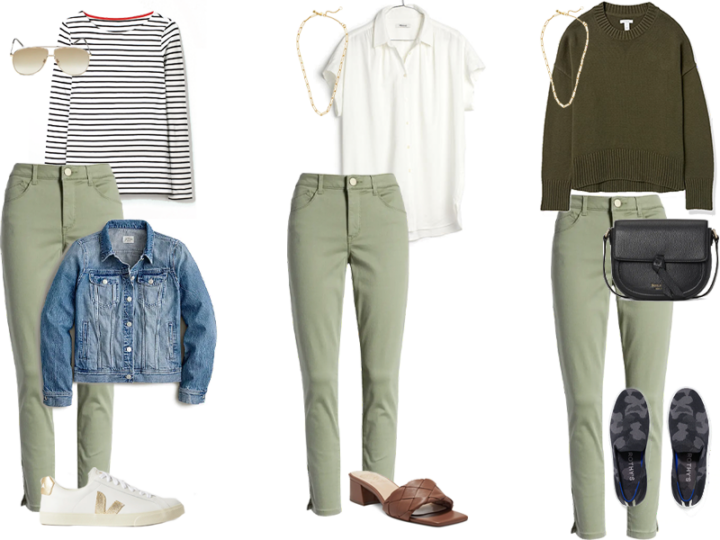 Three Outfits featuring olive green pants