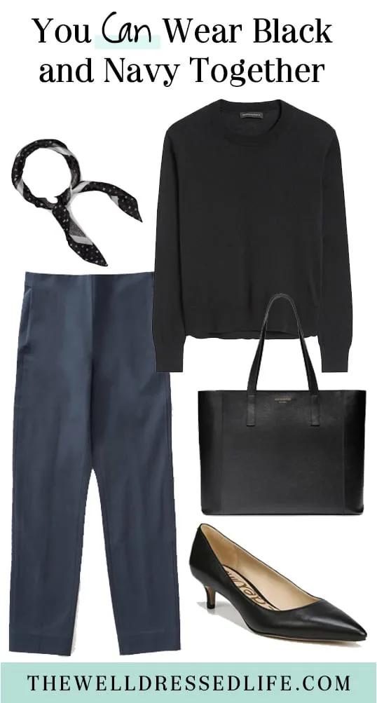 navy blouse black pants