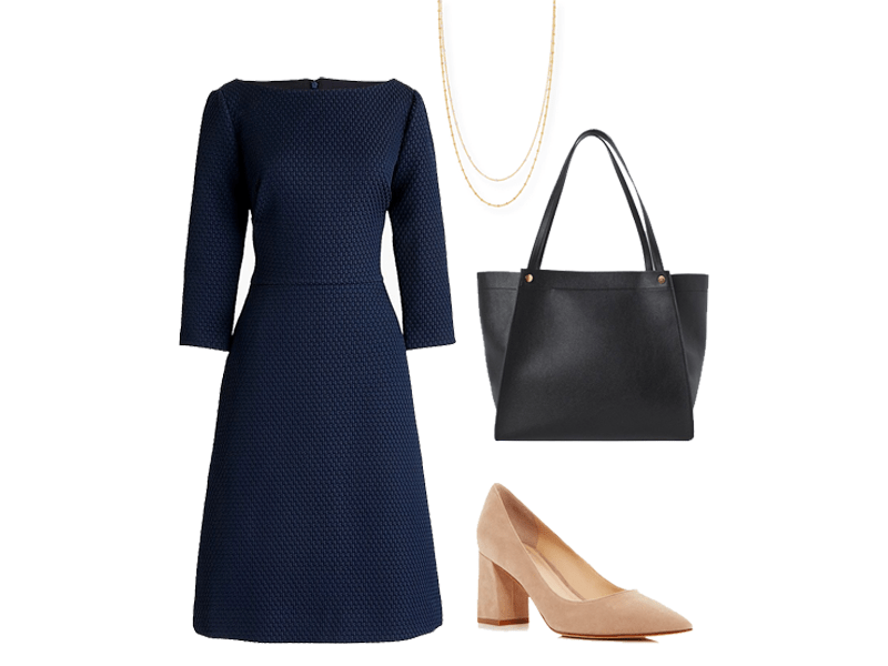 Outfit from The Well Dressed Life's Spring 2020 Capsule collection featuring a dress, necklace, bag, and heels.