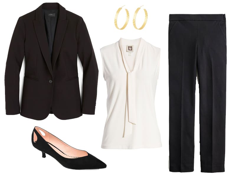 Outfit from The Well Dressed Life's Spring 2020 Capsule collection featuring a black suit, white top, black heels, and gold hoops.