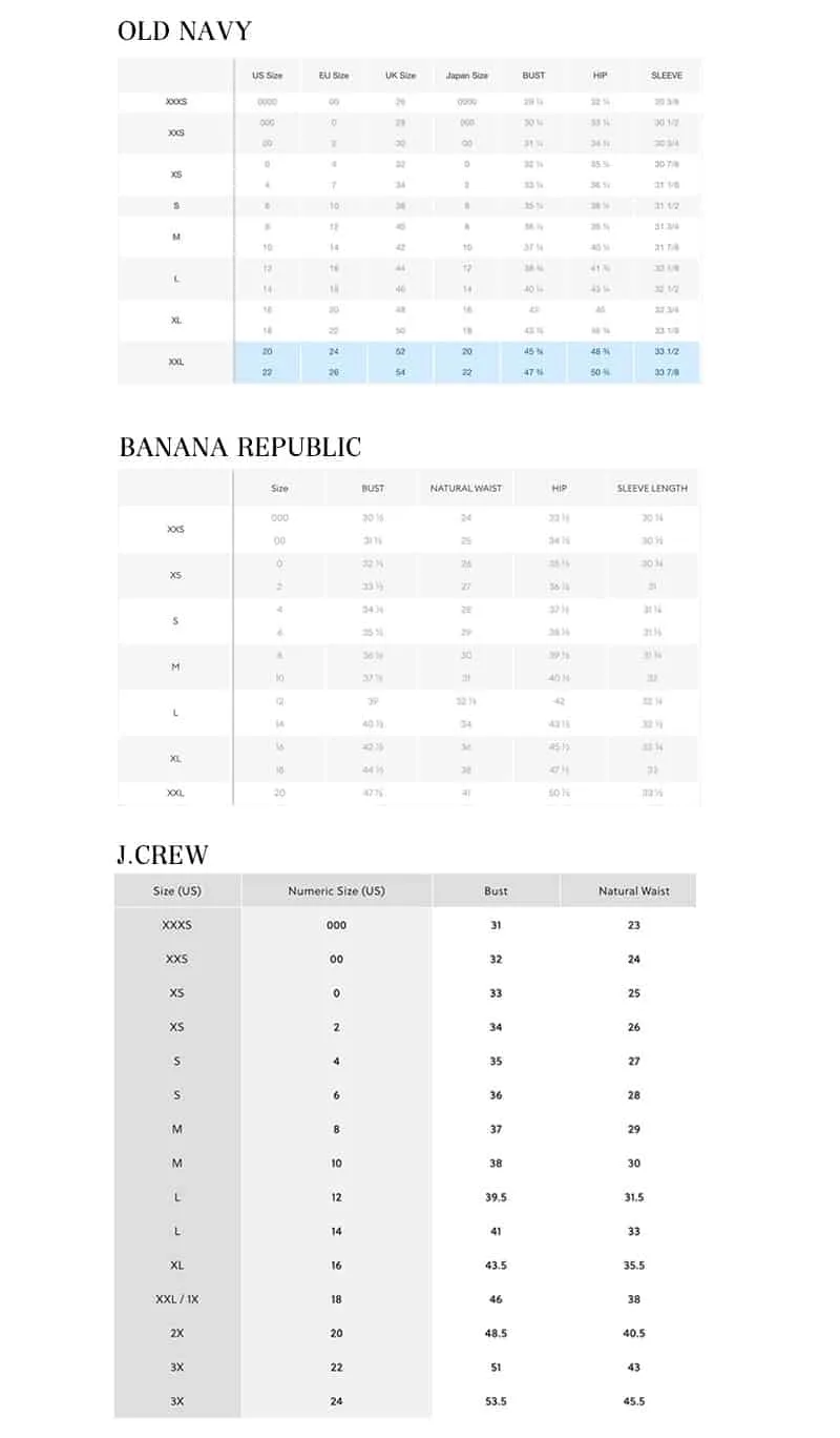 Size Charts for J.Crew, Banana Republic, and Old Navy