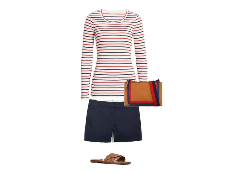 navy shorts, striped top, tan webbed crossbody, and tan sandals