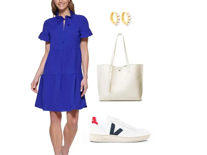 Tied Neck Dress, white faux leather tote, pearl hoops, and white sneakers