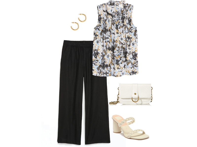 black wide leg pants, floral shirred tank, gold hoops, cream colored crossbody, cream colored strappy sandals