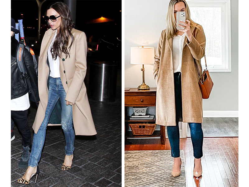 Two women wearing a camel colored coat, white shirt, dark skinny jeans, and heels
