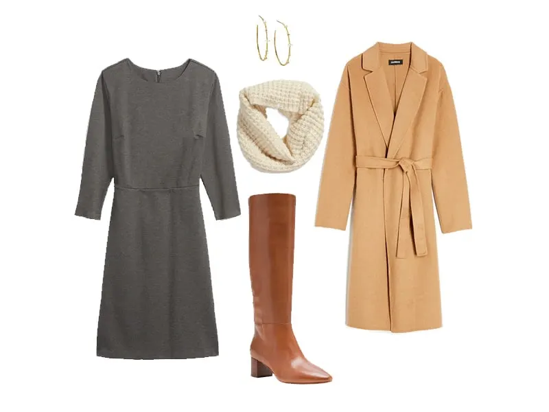 Gray Dress with camel coat, ivory scarf, tan knee high boots, and gold hoops