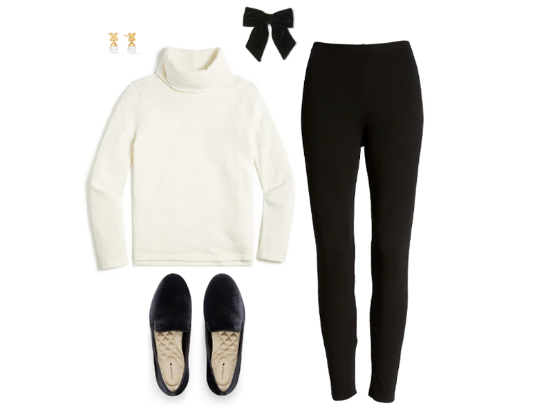 Black leggings, with ivory turtleneck sweatshirt, black velvet loafers, black hair bow, and pearl earrings