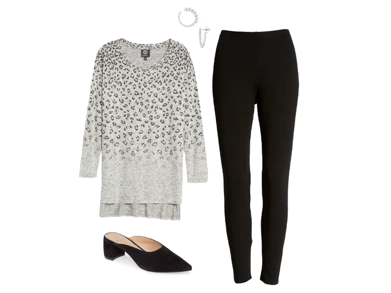 gray animal print tunic, black leggings, and black mules 