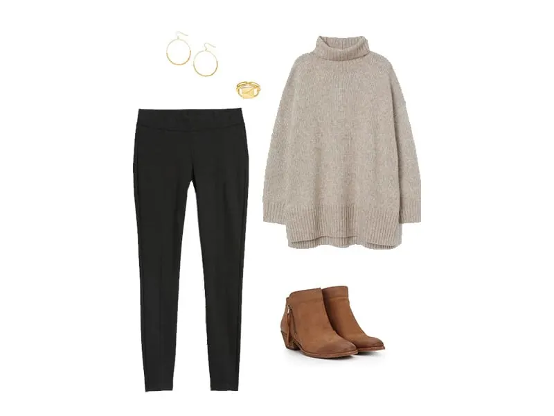 Black leggings with a tan turtleneck sweater, brown booties, gold hoops, and a gold ring. 