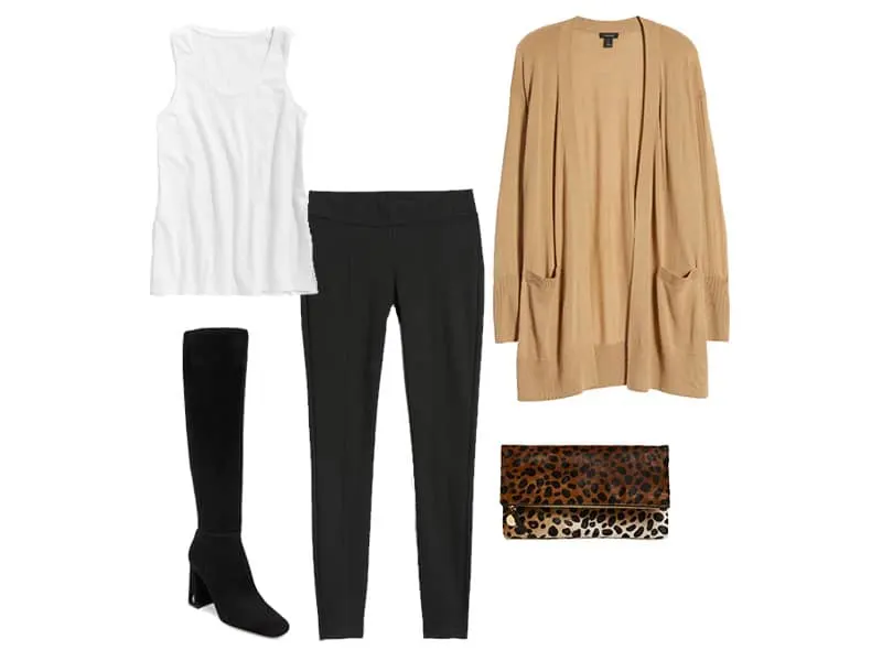 black leggings with a tan cardigan, white tank, black knee-high boots, and a leopard clutch