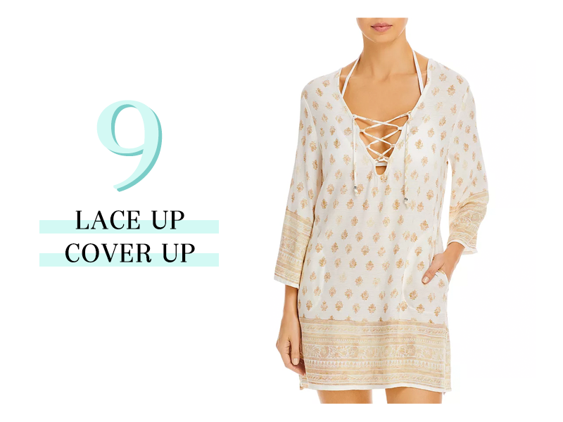 Lace up cover up in tan and white
