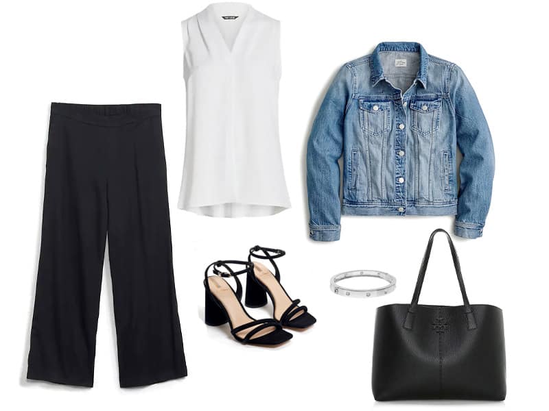 black culottes, white tank, denim jacket, silver bracelet, black block heel sandals, and a large black tote