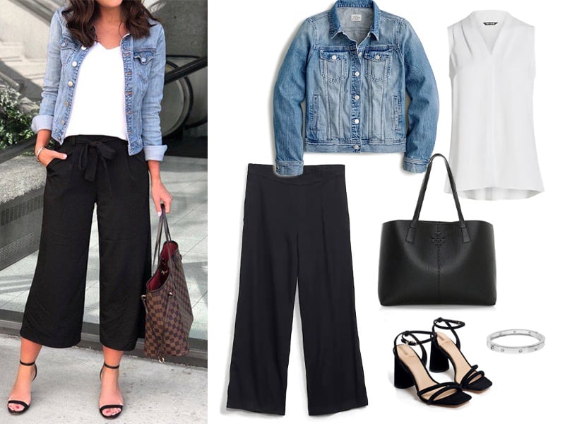 black culottes, white tank, denim jacket, silver bracelet, black block heel sandals, and a large black tote