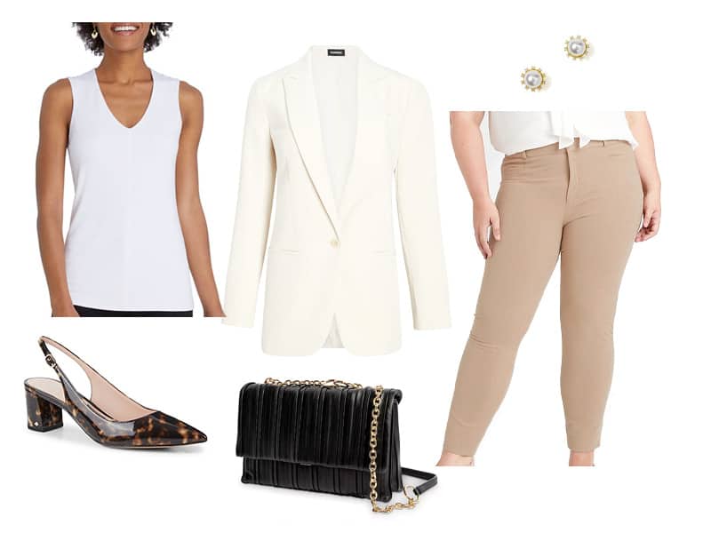 tan pants, white blazer, white tank, brown slingbacks, black bag, and pearl earrings
