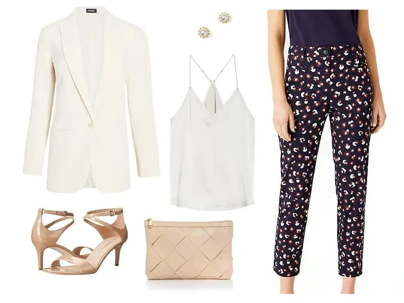 outfit with printed pants, white blazer, white camisole, and nude heels