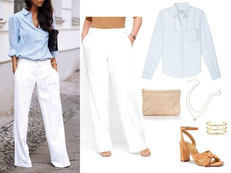 White Linen Blouse with Beige Wide Leg Trousers