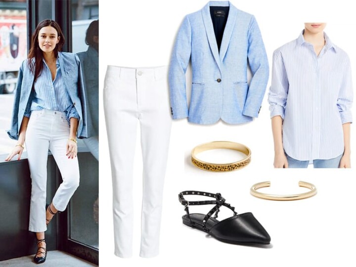 Pinterest Inspiration Outfit with white jeans, chambray blazer, blue and white striped button down shirt, two gold bracelets, and black studded flats