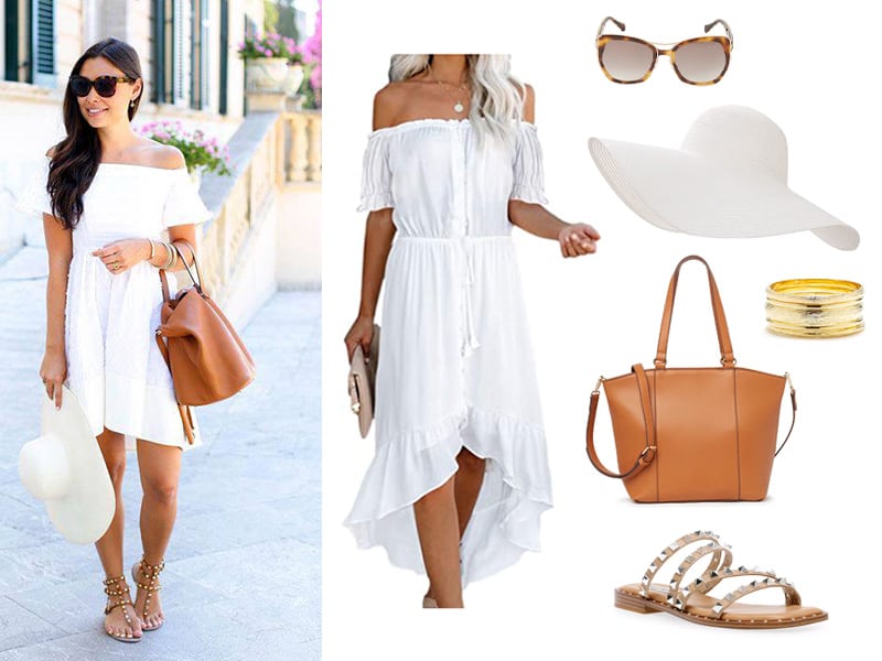 Pinterest Inspiration outfit of a white off teh shoulder dress, tan tote, tan studded sandals, white floppy hat, and gold bangles