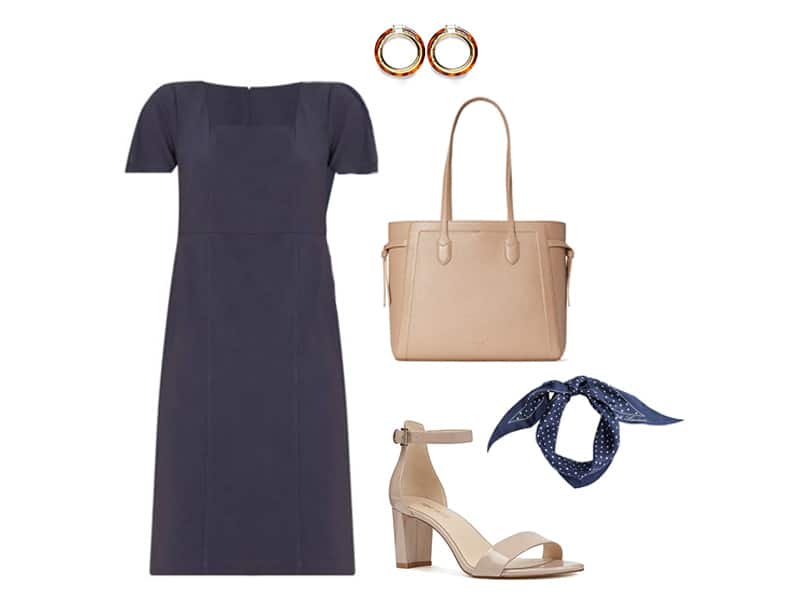 Navy Dress, Tan leather bag, Tan ankle strap sandals, navy polka dot scarf, and resin hoop earrings