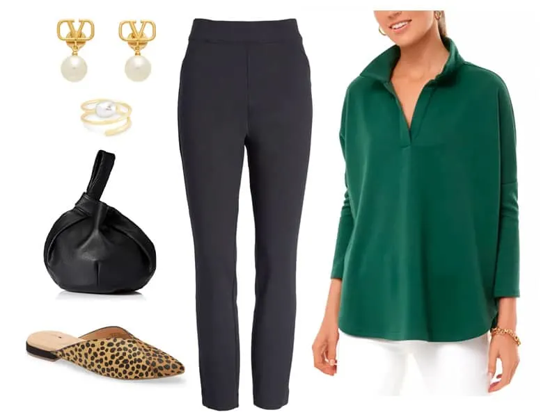 Green Polo Sweatshirt with Black skinny pants, calf hair mules, black small bag, pearl drop earrings, and a pearl ring