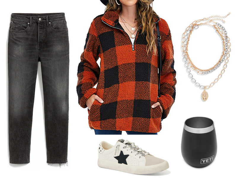 Black jeans, red and black plaid sherpa sweatshirt, sneakers with black star, black yeti wine tumbler, and gold and silver layered chain necklace