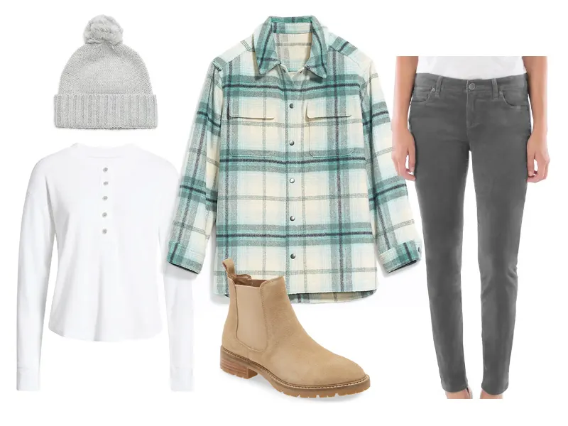 Tan chelsea boot, white henley long sleeve tee, green plaid shacket, grey corduroy pants, and a gray knit beanie