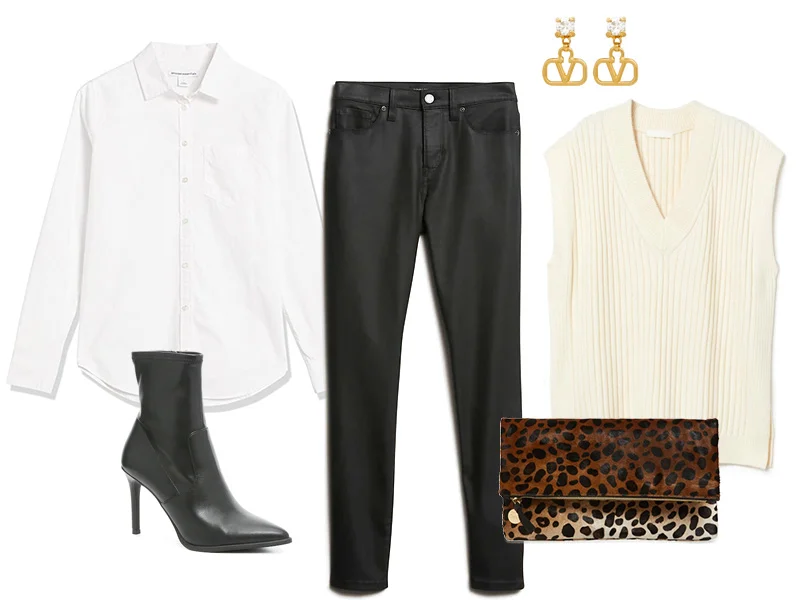 A cream colored oversized vest, black coated skinny jeans, white button down shirt, gold earrings, black heeled booties, and a leopard foldover clutch