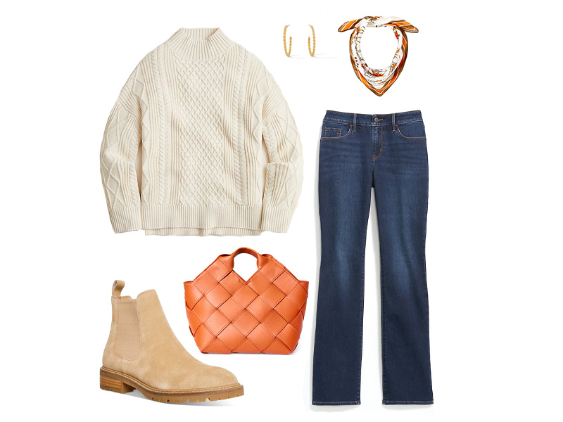 natural cableknit mockneck sweater, bootcut jeans, tan chelsea boots, tan woven bag, gold hoop earrings, and a orange and brown floral scarf