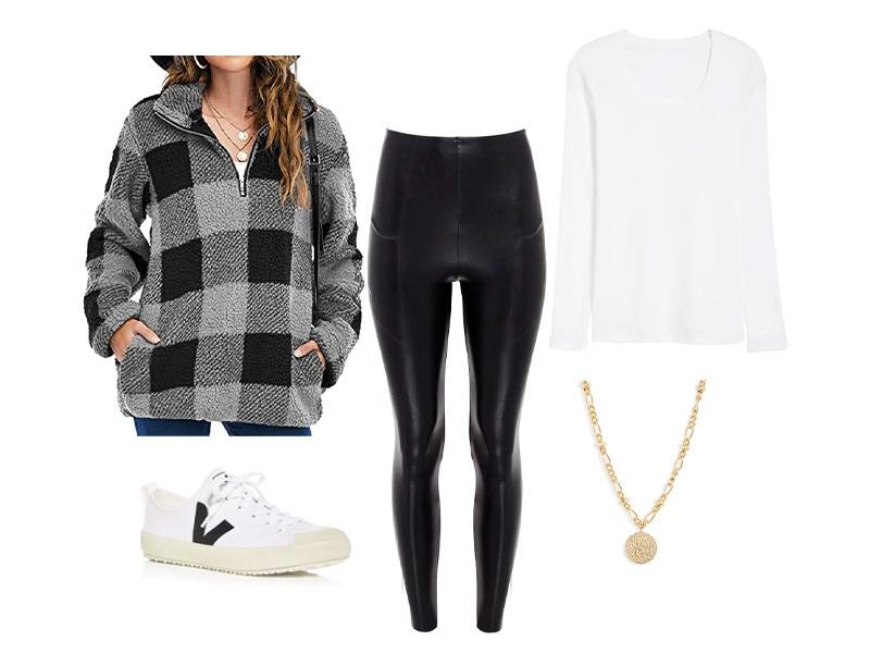 Black Plaid Sherpa Sweatshirt, Black Faux Leather leggings, white long sleeve tee, gold coin necklace, white sneakers