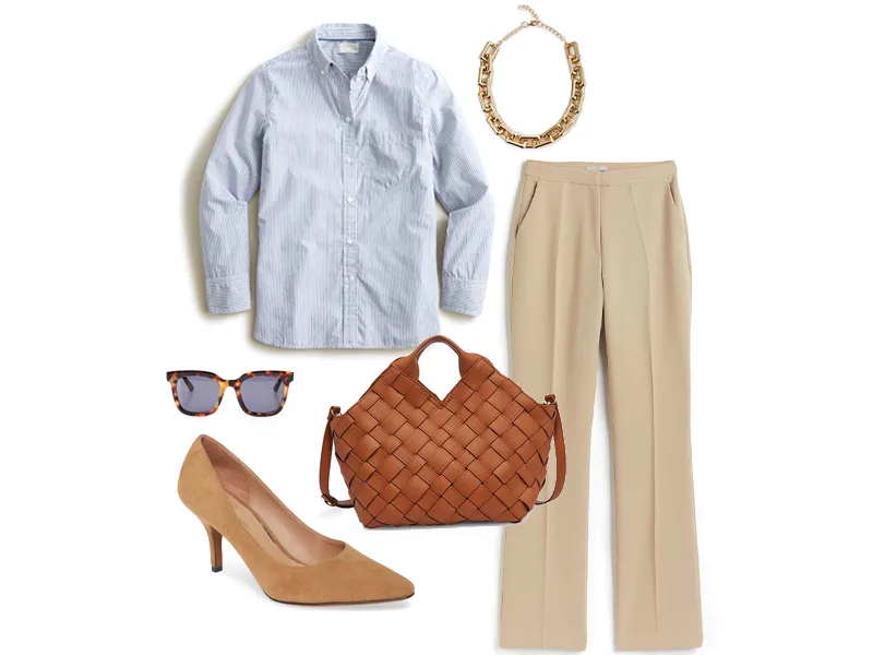 Blue Button Down, tan wide leg trousers, tan woven bag, tan suede pumps, tortoise sunglasses, and chunk gold chain necklace