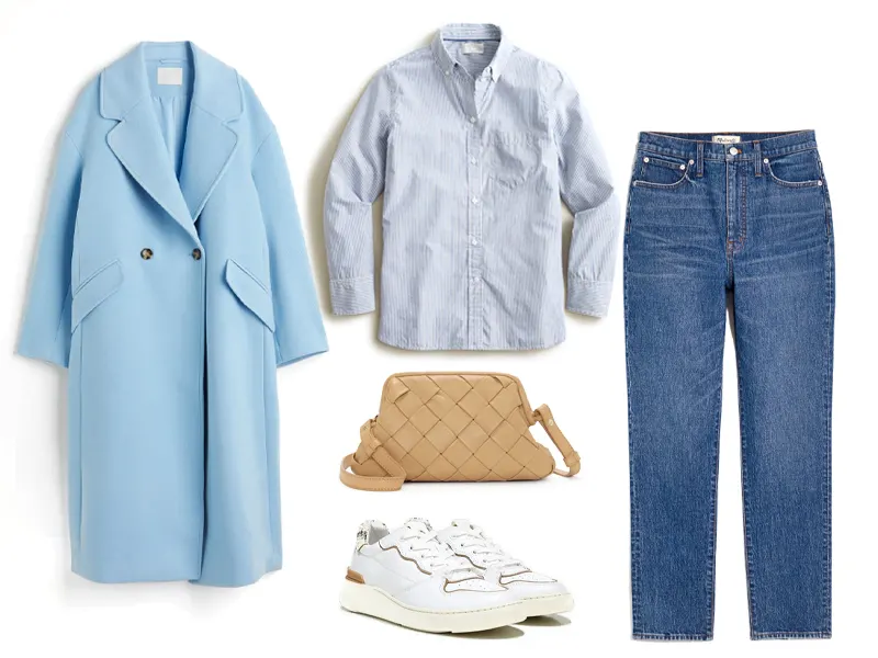 Blue Button Down, straight leg jeans, tan crossbody bag, white sneakers, and blue coat