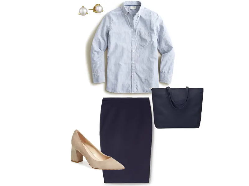 Blue Button Down, navy ponte skirt, large navy leather tote, tan suede block heel pumps, and pearl stud earrings 