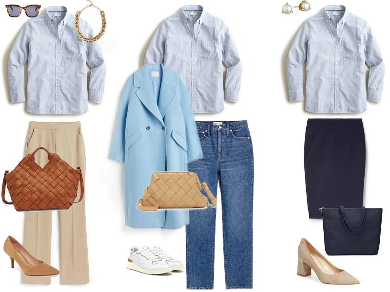 Three outfits featuring a blue button down shirt