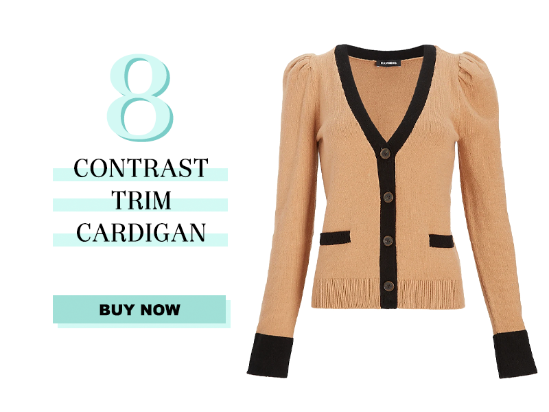 Express Contrast Trim Cardigan in camel and black