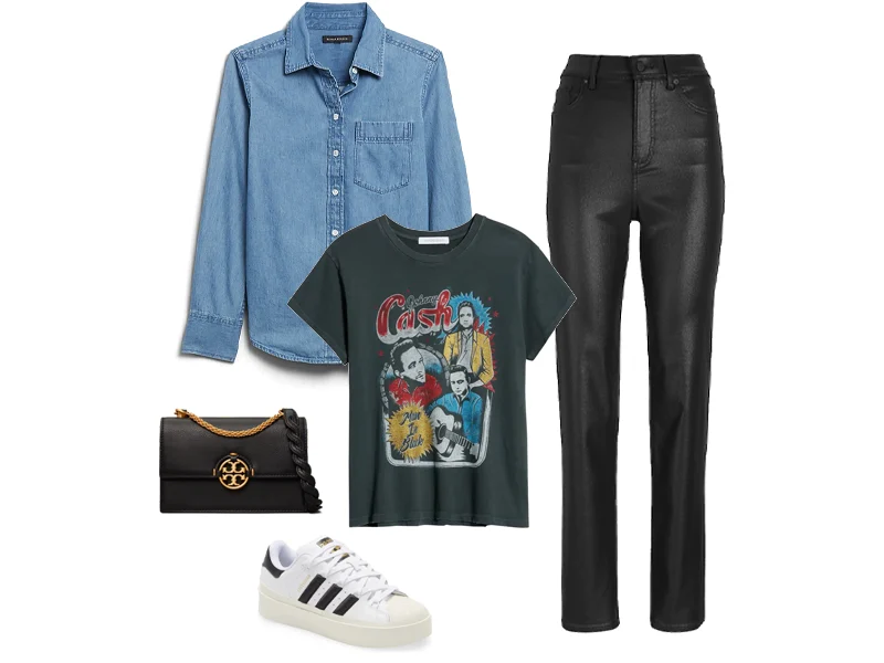 Black Coated Pants with denim shirt, johnny cash tee, black crossbody bag, Adidas superstar sneakers