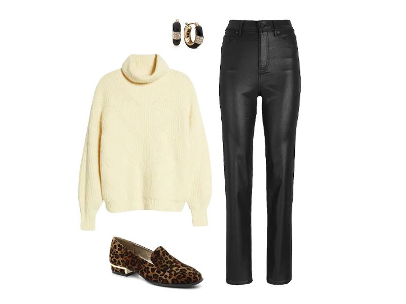 Black coated pants, ivory cable sweater, leopard loafers, and black and gold hoop earrings