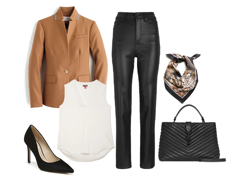 black coated pants with camel colored wool blazer, ivory silk tank, black suede pumps, safari silk bandana, black large satchel