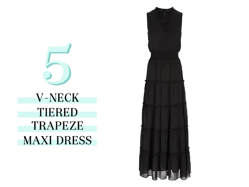 V-Neck Tiered Trapeze Maxi Dress in Black