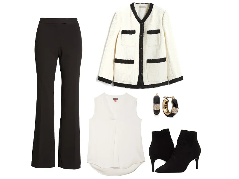 Black Full Length Trousers, black and white boucle coat, white satin tank, black booties, and black and gold hoop earrings
