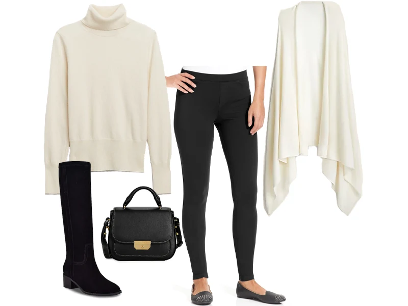 Ivory Cashmere turtleneck, black ponte leggings, black top handle satchel, Black knee high boots, and ivory cashmere wrap