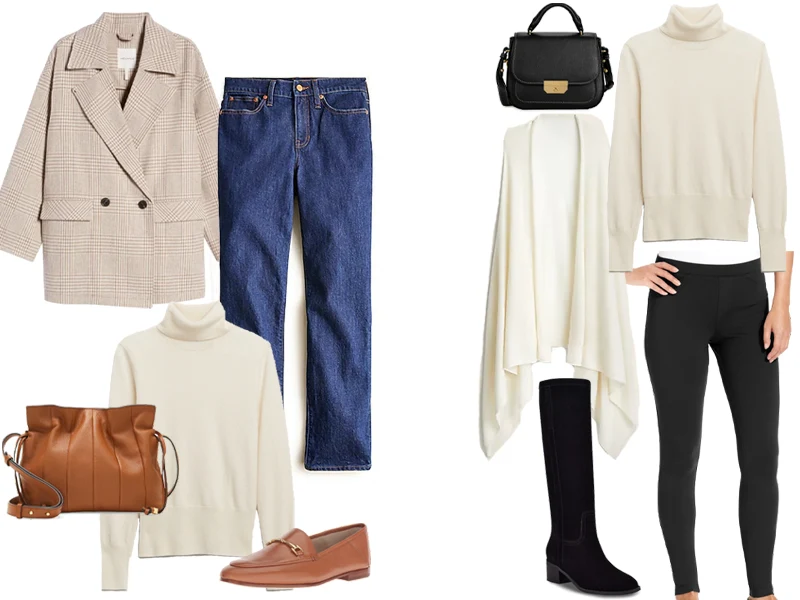 Two Outfits that feature an ivory cashmere turtleneck