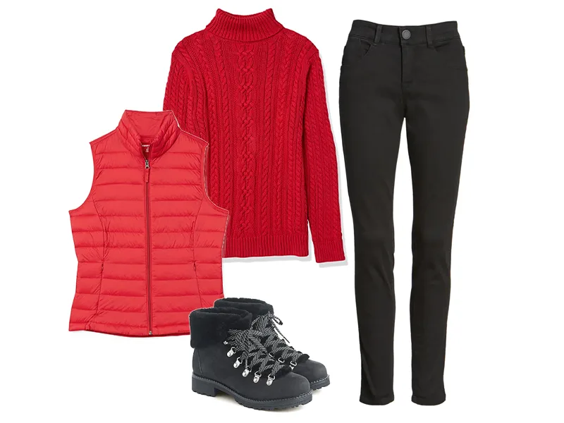 Black Winter Boots, Red Puffer Vest, Red Cable Knit Sweater, and Black Jeans