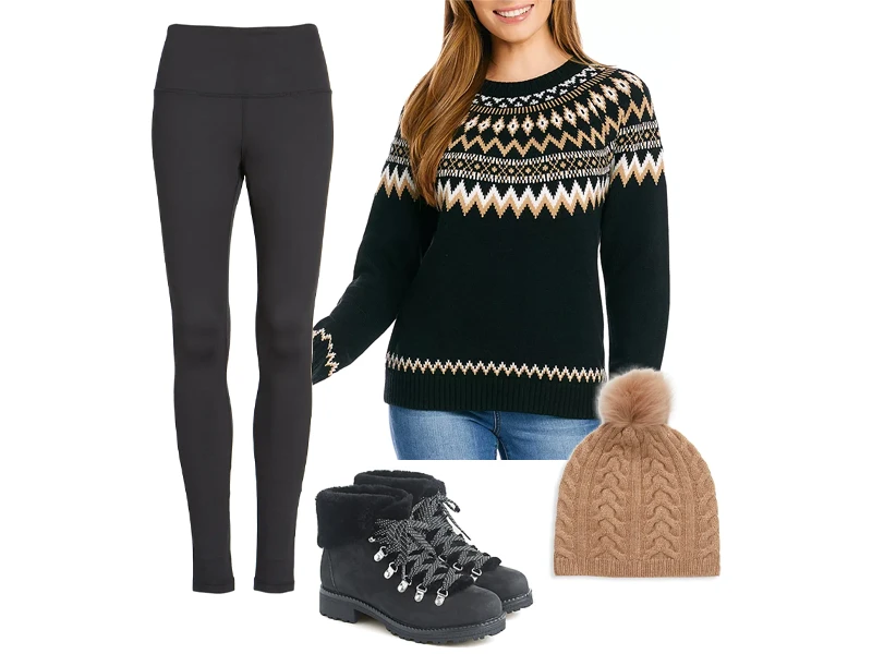 Black Winter Boots, Tan cashmere beanie, black and tan fair isle sweater, and black high waist leggings