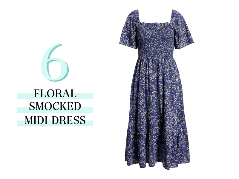 Blue Floral Smocked Midi Dress