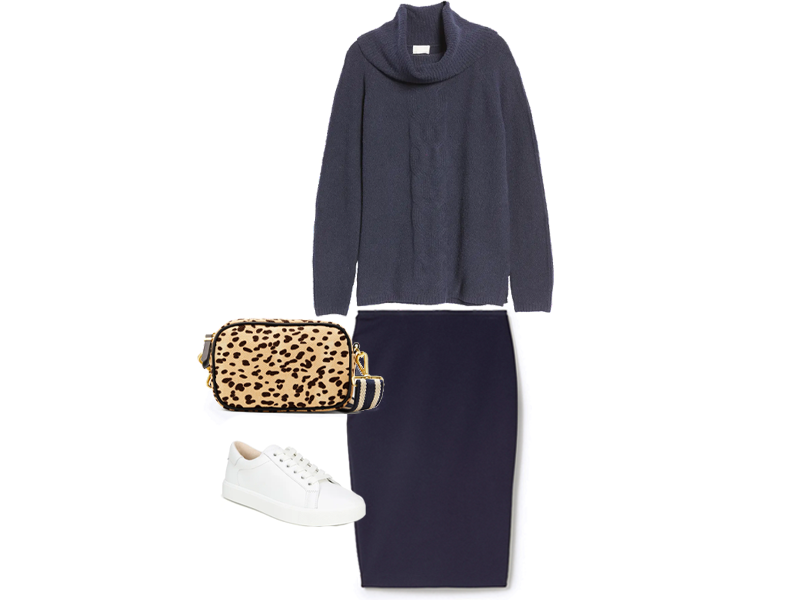 Navy Ponte Skirt, Navy Cowl Sweater, Leopard Canvas Bag, white sneakers