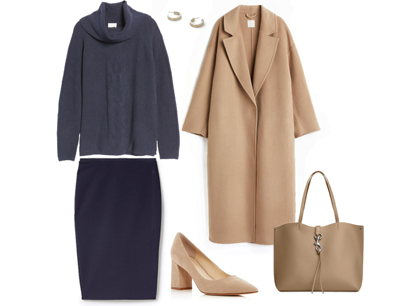 Navy Ponte Sweater, Navy Cowl Sweater, Camel Wool Coat, Tan Leather Tote, and Tan suede Shoes, and two tone hoop earrings.