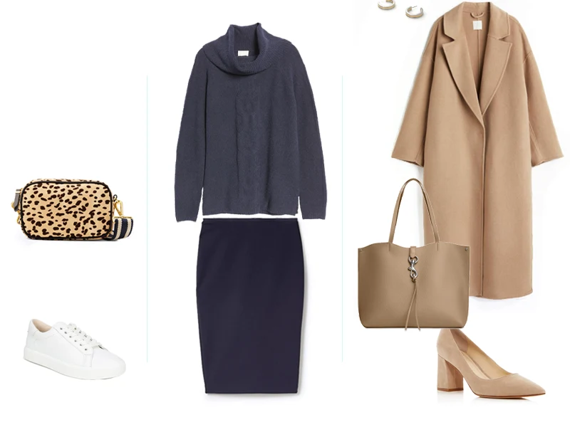 navy ponte skirt, navy cowl sweater with either white low top sneakers and leopard crossbody bag or a camel wood coat, tan leather tote, tan suede heels, and two tone hoop earrings