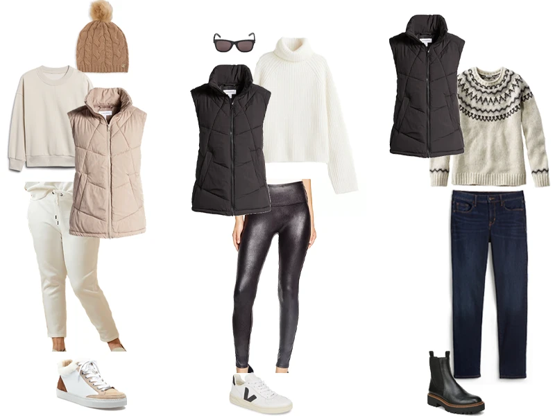 Three outfits with a puffer vest