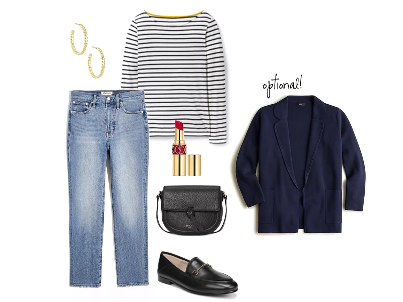 Breton Stripe Long Sleeve in navy and white, vintage jeans, red lipstick, black saddle bag, black loafers, gold hoops, and an optional navy sweater blazer
