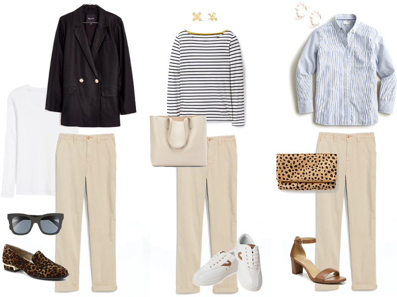 Three outfits featuring High Waisted Chinos in Tan